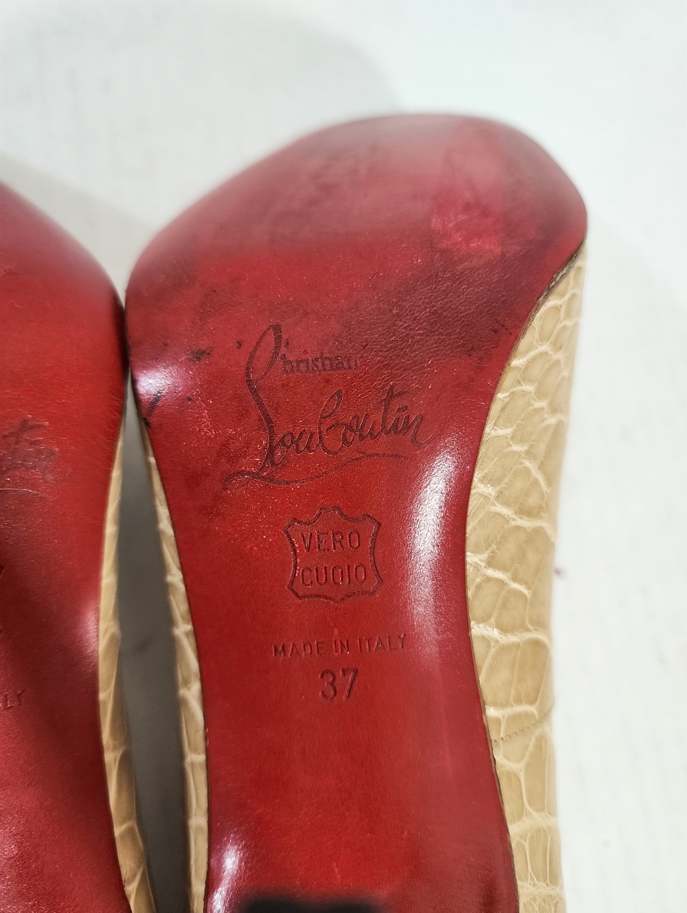 Christian Louboutin Vintage Nude Embossed Leather Cap Toe Pumps Heels EU 37 - Picture 12 of 14